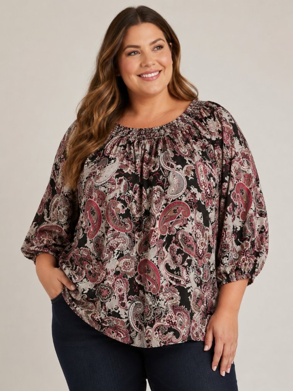 Cato Woman Paisley Peasant Blouse 26/28W Plus Size Boho Smocked 3/4 Sleeve Top